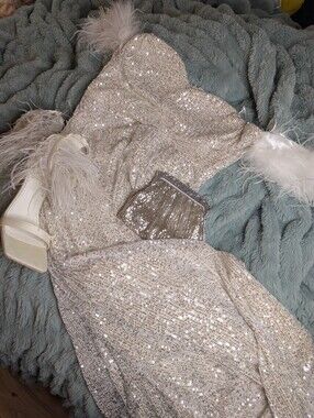 Silver Sequin Feather Strap Gown | Glam Old Hollywood Formal Dress